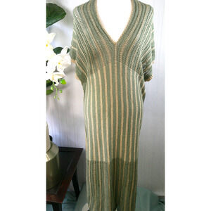 Floris Italian Sage Green Gold Metallic Striped V Neck Cover Up Dress M/L-NWT